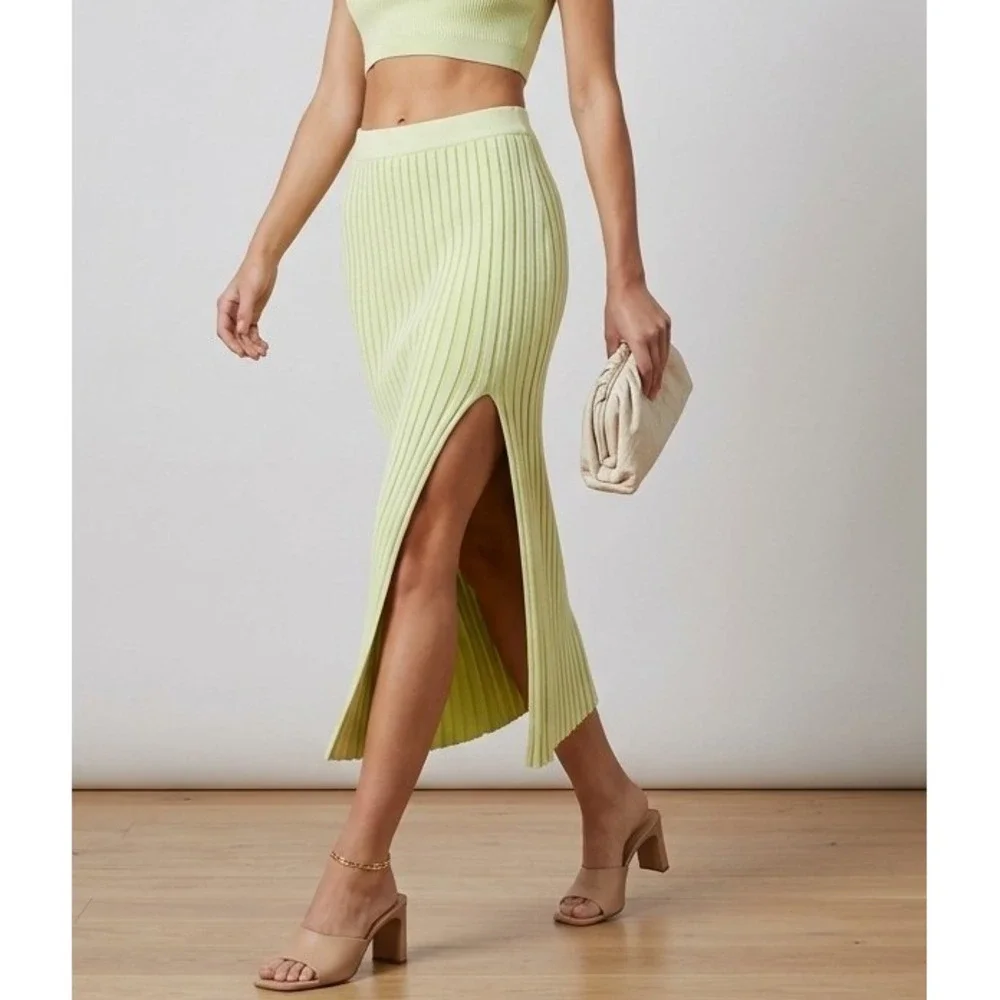 By Together M Lime Green Ribbed Knit Pencil Bodycon Midi Skirt Side Slit